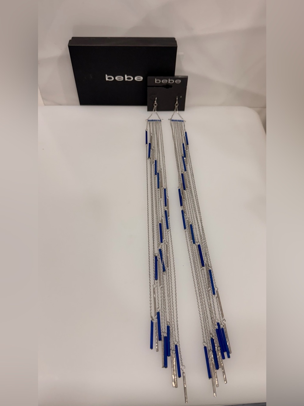 bebe Silver and Blue Multi-Strand Tube Fringe Earrings Y2K